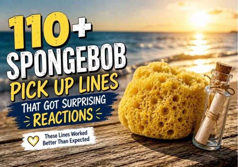 110+ Spongebob Pick Up Lines That Got Surprising Reactions displayed beside a realistic sea sponge and message bottle on a sunlit beach, featuring warm ocean lighting, natural coastal scenery