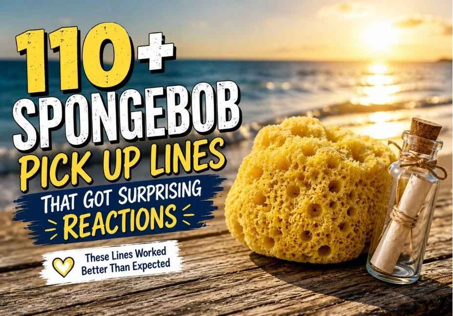 110+ Spongebob Pick Up Lines That Got Surprising Reactions displayed beside a realistic sea sponge and message bottle on a sunlit beach, featuring warm ocean lighting, natural coastal scenery