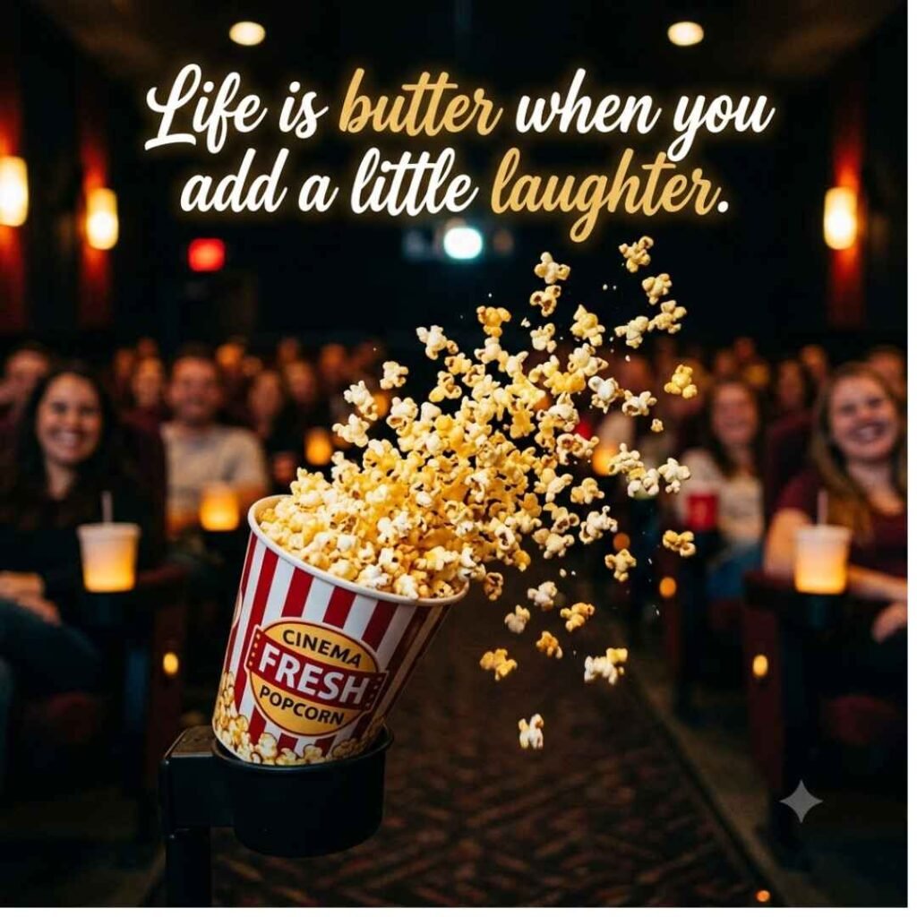 Realistic overflowing bucket of buttery popcorn bursting into the air inside a movie theater with cinematic lighting and the quote “Life is butter when you add a little laughter,” representing funny popcorn puns and humorous popcorn jokes.