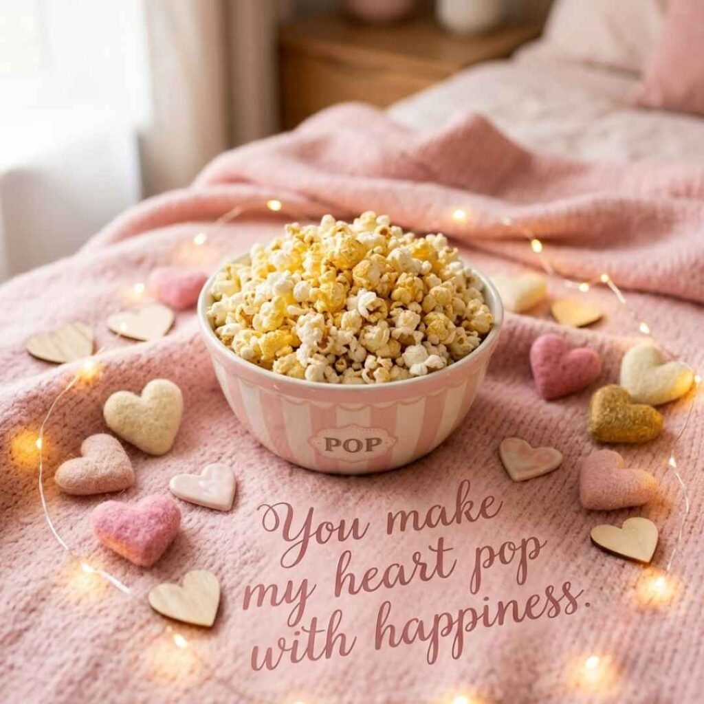 Cozy pastel popcorn bowl surrounded by hearts and fairy lights with the message “You make my heart pop with happiness,” illustrating cute popcorn puns, sweet popcorn humor, and adorable popcorn-themed quotes.