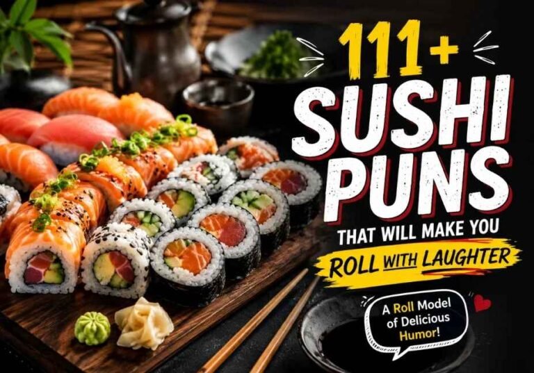 111+ Sushi Puns That Will Make You Roll With Laughter featuring realistic assorted sushi rolls, nigiri, chopsticks, soy sauce, and Japanese dining elements with cinematic lighting, premium food photography, and humorous sushi puns theme designed for readers seeking funny sushi wordplay, jokes, captions, and social media humour.
