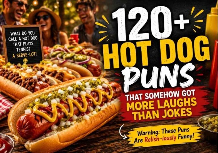 120+ Hot Dog Puns featured image showing gourmet grilled hot dogs with colorful toppings on a rustic table, realistic food photography, warm cinematic lighting, humorous cookout atmosphere