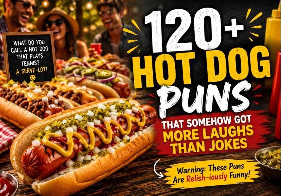 120+ Hot Dog Puns featured image showing gourmet grilled hot dogs with colorful toppings on a rustic table, realistic food photography, warm cinematic lighting, humorous cookout atmosphere