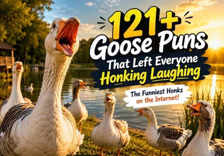 121+ Goose Puns That Left Everyone Honking Laughing featuring realistic geese at a lakeside during golden hour, humorous honking expressions, cinematic wildlife photography, detailed feather textures, and engaging goose puns content for jokes, captions, wordplay, and social media humour.