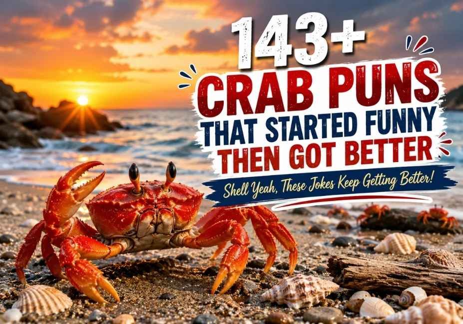 143+ Crab Puns That Started Funny Then Got Better featuring a realistic red crab on a coastal beach with ocean waves, seashells, cinematic sunset lighting, and premium typography, highlighting funny crab puns, jokes, captions, one-liners, and humorous wordplay content.