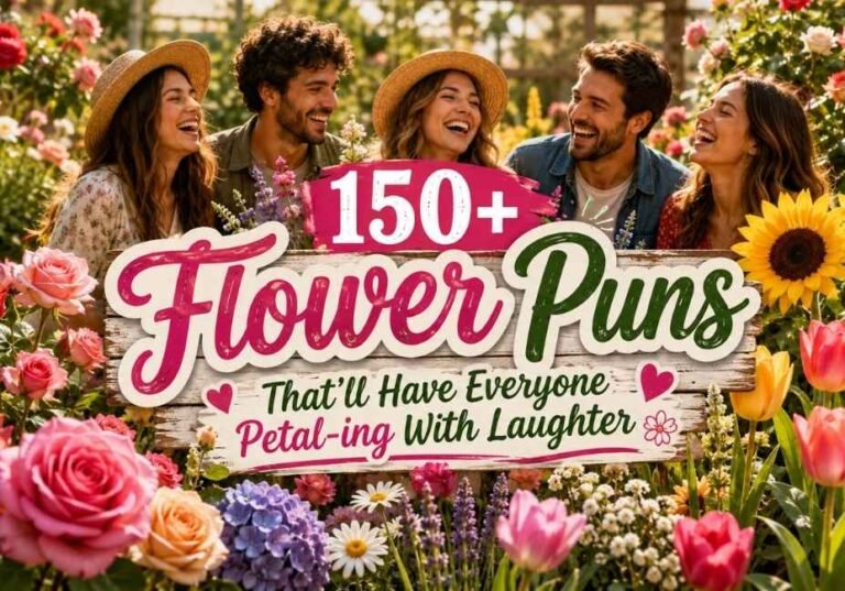 150+ Flower Puns featured image with colorful blooming flowers, laughing friends in a garden, and the text Flower Puns, showcasing funny floral jokes and puns.