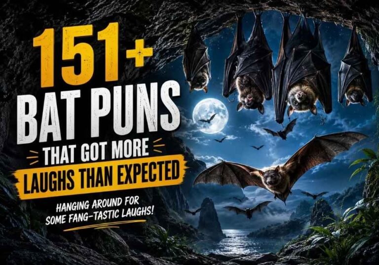 151+ Bat Puns That Got More Laughs Than Expected with realistic bats flying and hanging near a moonlit cave, cinematic lighting, and a bold headline for funny bat puns and bat humor.
