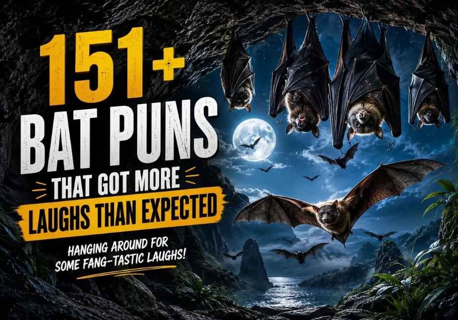 151+ Bat Puns That Got More Laughs Than Expected with realistic bats flying and hanging near a moonlit cave, cinematic lighting, and a bold headline for funny bat puns and bat humor.