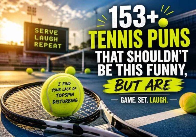 153+ Tennis Puns That Shouldn't Be This Funny, But Are, showing a realistic tennis court with a professional racket, tennis balls, cinematic golden-hour lighting, and premium sports photography design highlighting funny Tennis Puns for readers seeking humour, wordplay, and tennis-themed jokes.