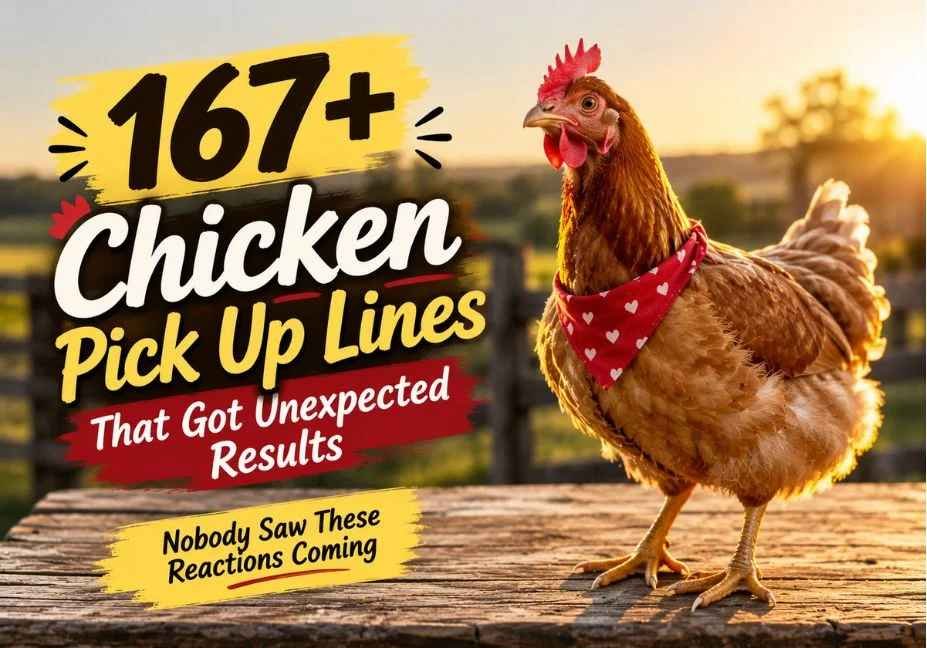 167+ Chicken Pick Up Lines That Got Unexpected Results featured alongside a realistic chicken on a rustic farm table with warm golden-hour lighting, countryside scenery.