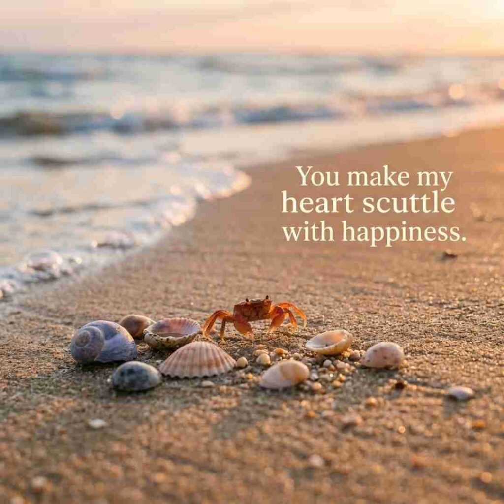 Cute crab puns image with an adorable beach crab and romantic quote about happiness, ideal for cute crab puns, wholesome jokes, sweet captions, and family-friendly humour.