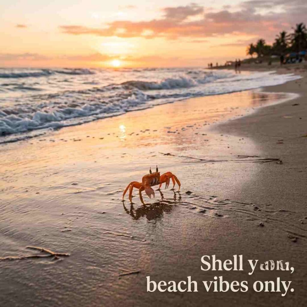 Crab puns captions image featuring a realistic crab on wet beach sand with the quote "Shell yeah, beach vibes only," ideal for Instagram captions, crab jokes, and ocean-themed humour.