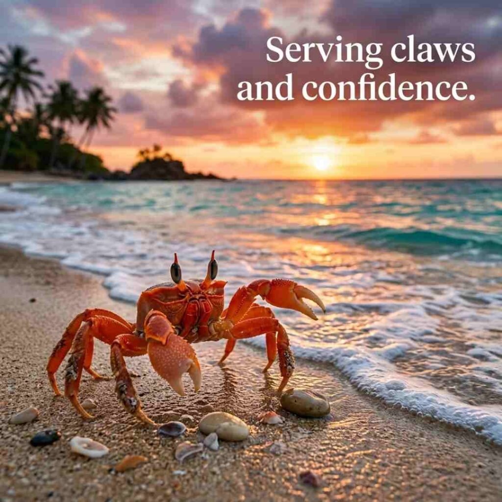 Crab puns for Instagram image featuring a realistic crab by the ocean with the quote "Serving claws and confidence," designed for Instagram captions, crab humour, and social media engagement.
