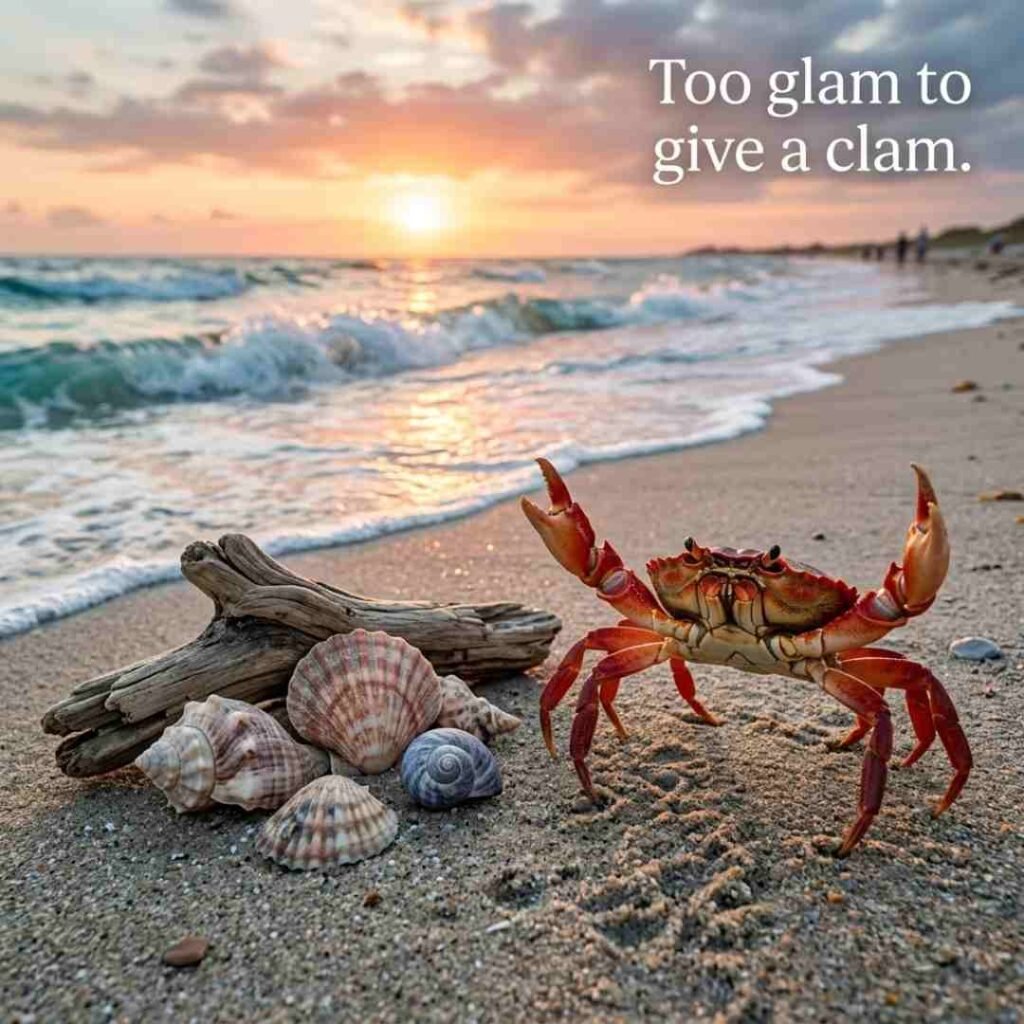 Funny crab puns captions image featuring a realistic crab on a beach with the quote "Too glam to give a clam," suitable for funny crab captions, beach humour, and social sharing.