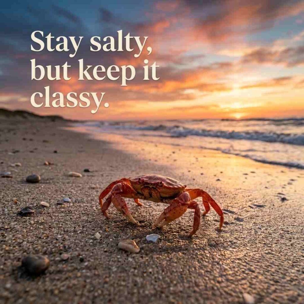 Clever crab puns for Instagram image with a realistic beach crab and the quote "Stay salty, but keep it classy," ideal for witty crab puns and Instagram content.