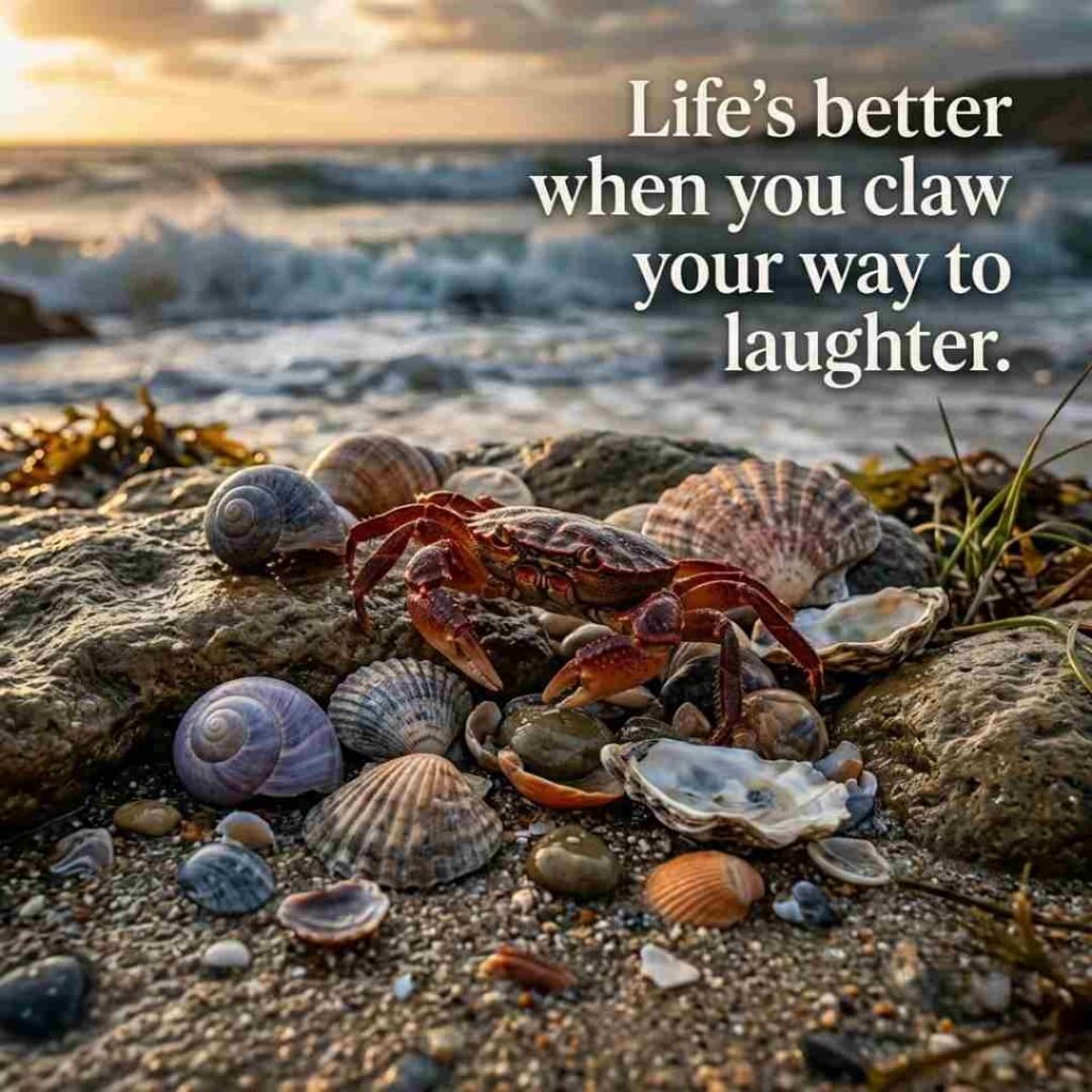Best crab-themed wordplay jokes image featuring a realistic crab on a scenic beach with a humorous motivational quote for crab puns, wordplay jokes, and ocean humour.