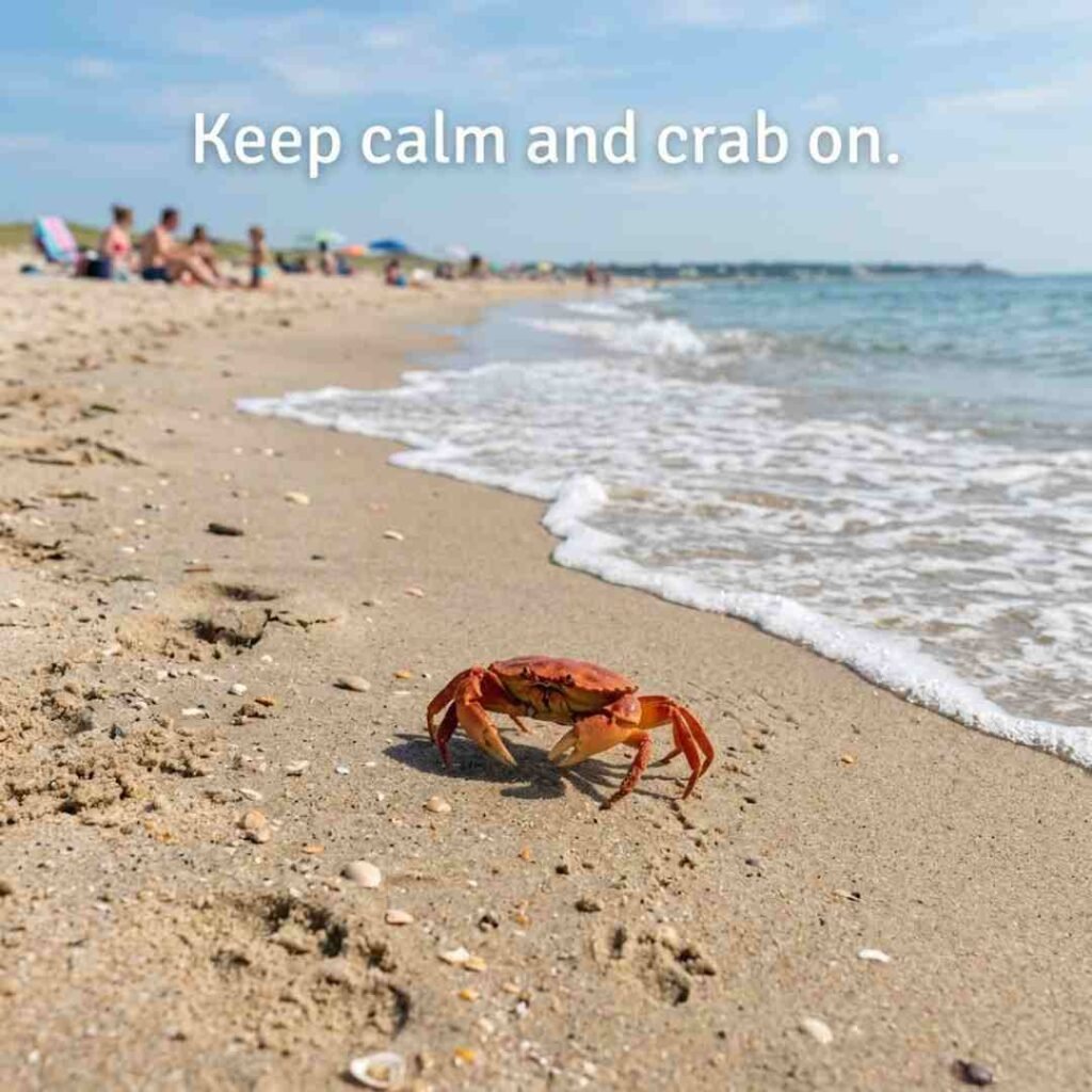 Clean and family-friendly crab jokes image featuring a cheerful realistic crab with the quote "Keep calm and crab on," perfect for kids, families, and clean crab humour.