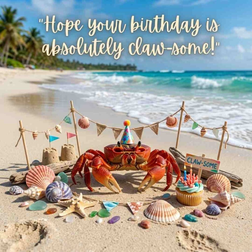 Funny crab puns for birthday image featuring a realistic crab in a beach celebration scene with a birthday message, perfect for birthday wishes and crab-themed humour.