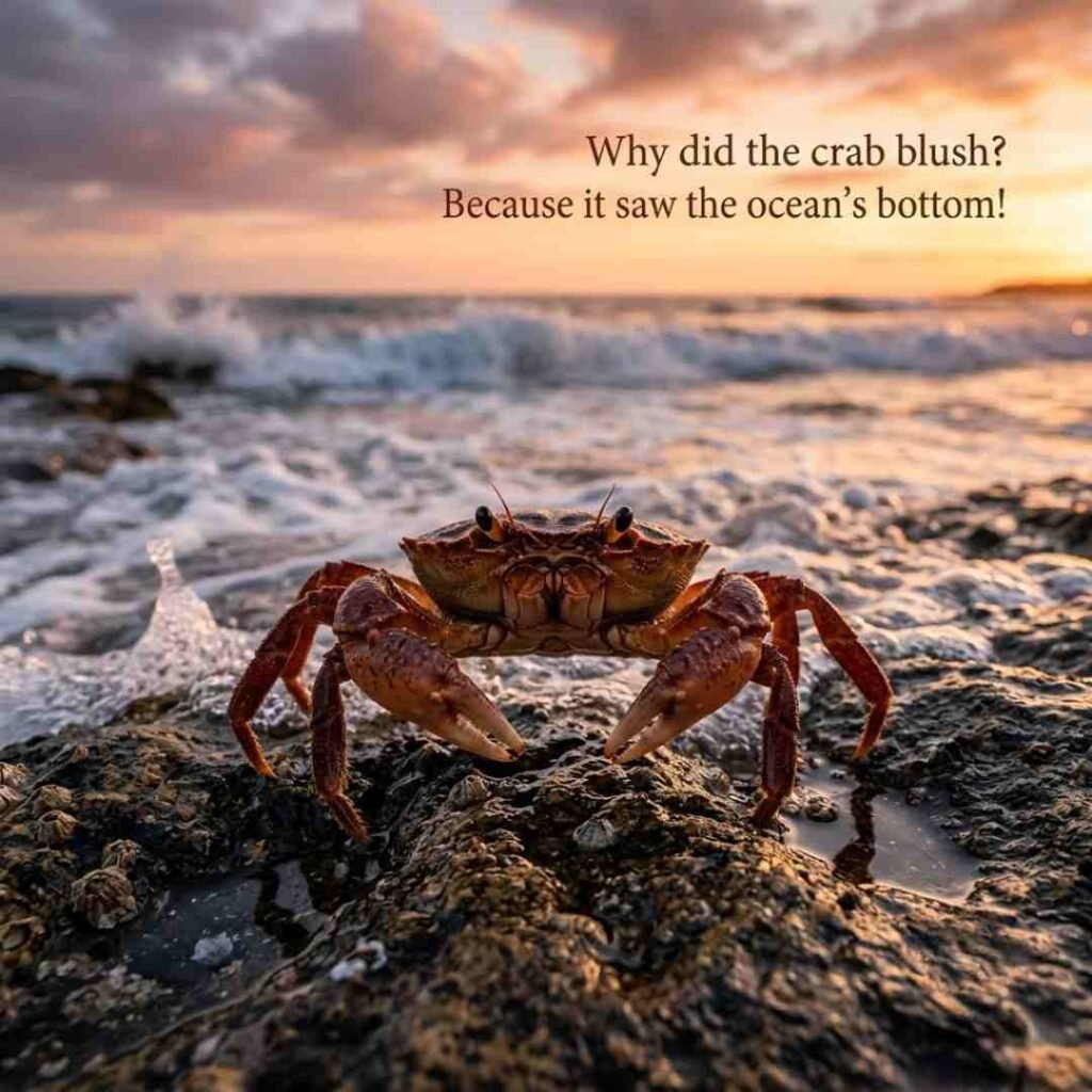 Question-answer crab puns image featuring a realistic curious crab on a beach with a humorous crab joke, ideal for crab puns, question-answer jokes, and family-friendly humour.