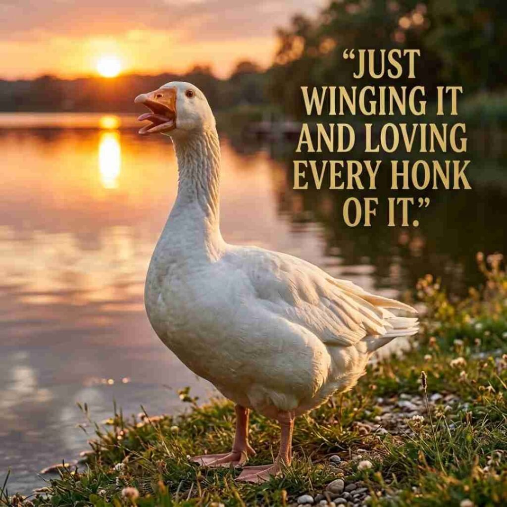 Goose puns for Instagram captions image featuring a realistic goose by a lakeside sunset with the caption Just winging it and loving every honk of it, perfect for social media posts and goose humour.