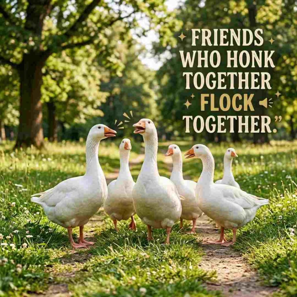 Goose puns for friends image featuring a flock of geese walking together with the message Friends who honk together flock together, perfect for friendship jokes and shareable goose puns.