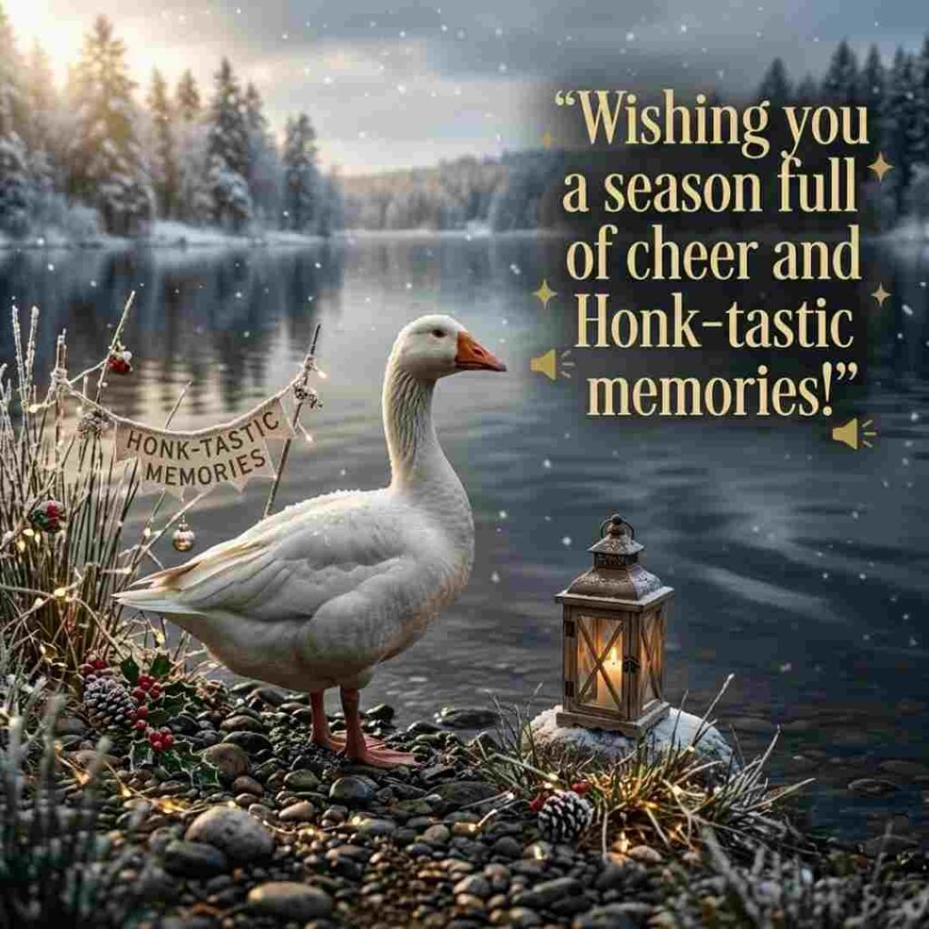 Holiday goose puns image featuring a festive goose with seasonal decorations and the greeting Wishing you a season full of cheer and honk tastic memories, perfect for holiday humour and greetings.