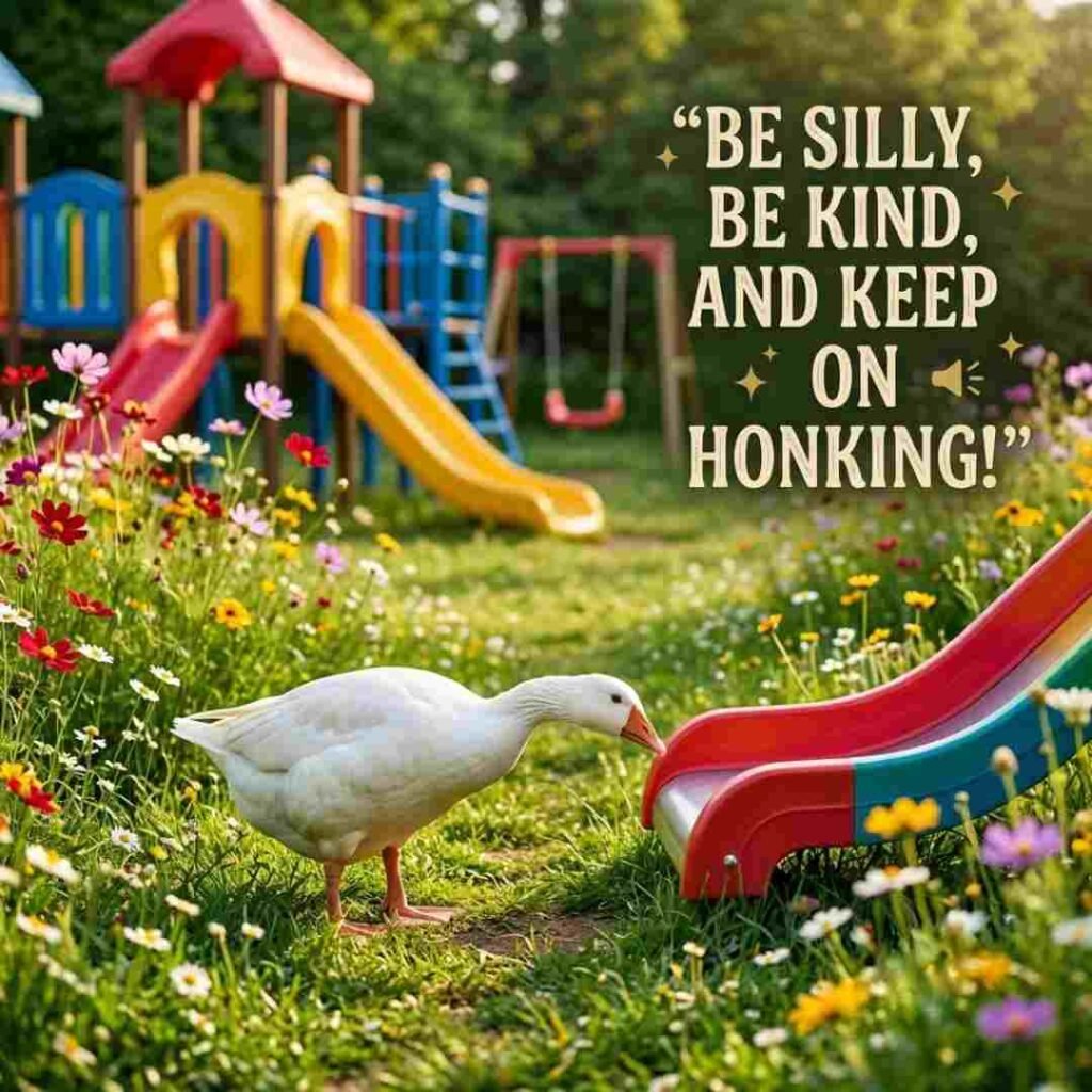 Cute goose puns for kids image featuring a playful goose near a colourful playground with the quote Be silly be kind and keep on honking, suitable for family-friendly jokes and children's humour.