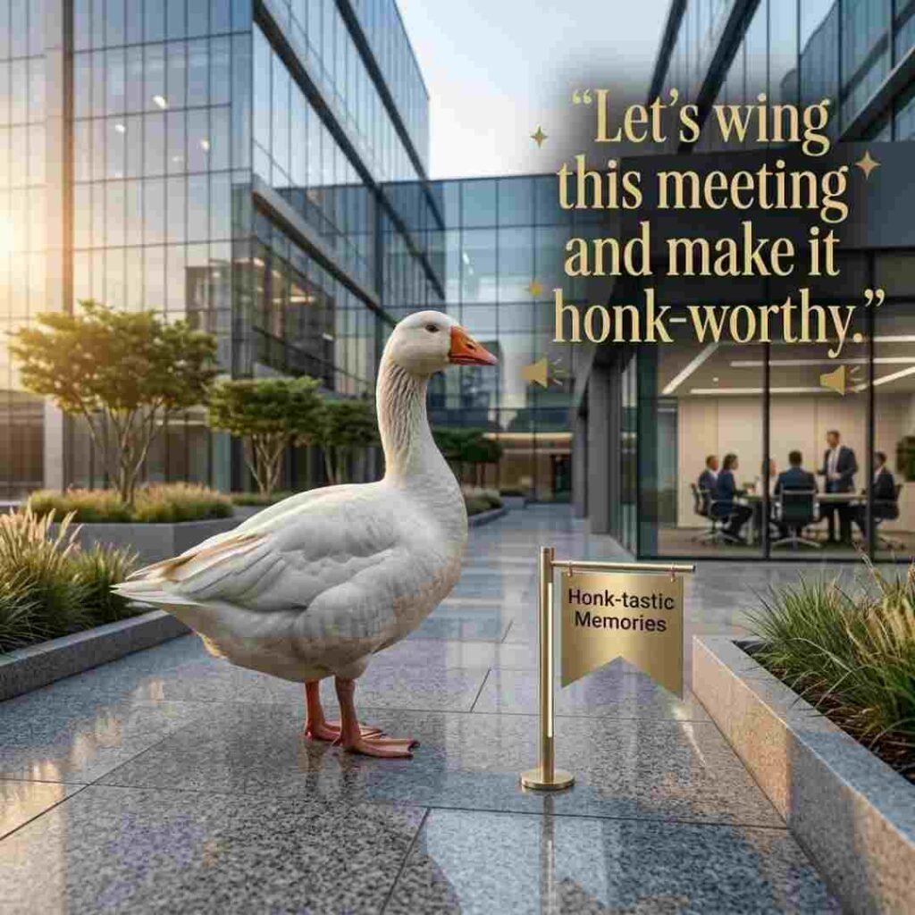 Goose puns for work image featuring a realistic goose near an office with the quote Let's wing this meeting and make it honk worthy, ideal for workplace jokes and office humour.