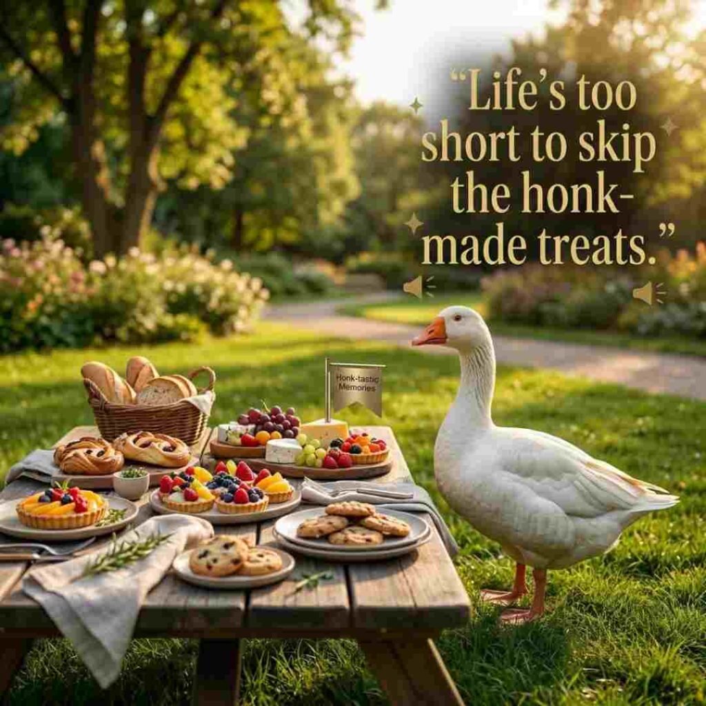 Goose food puns image featuring a realistic goose near a picnic spread with the quote Life's too short to skip the honk made treats, perfect for food jokes, goose puns, and funny captions.