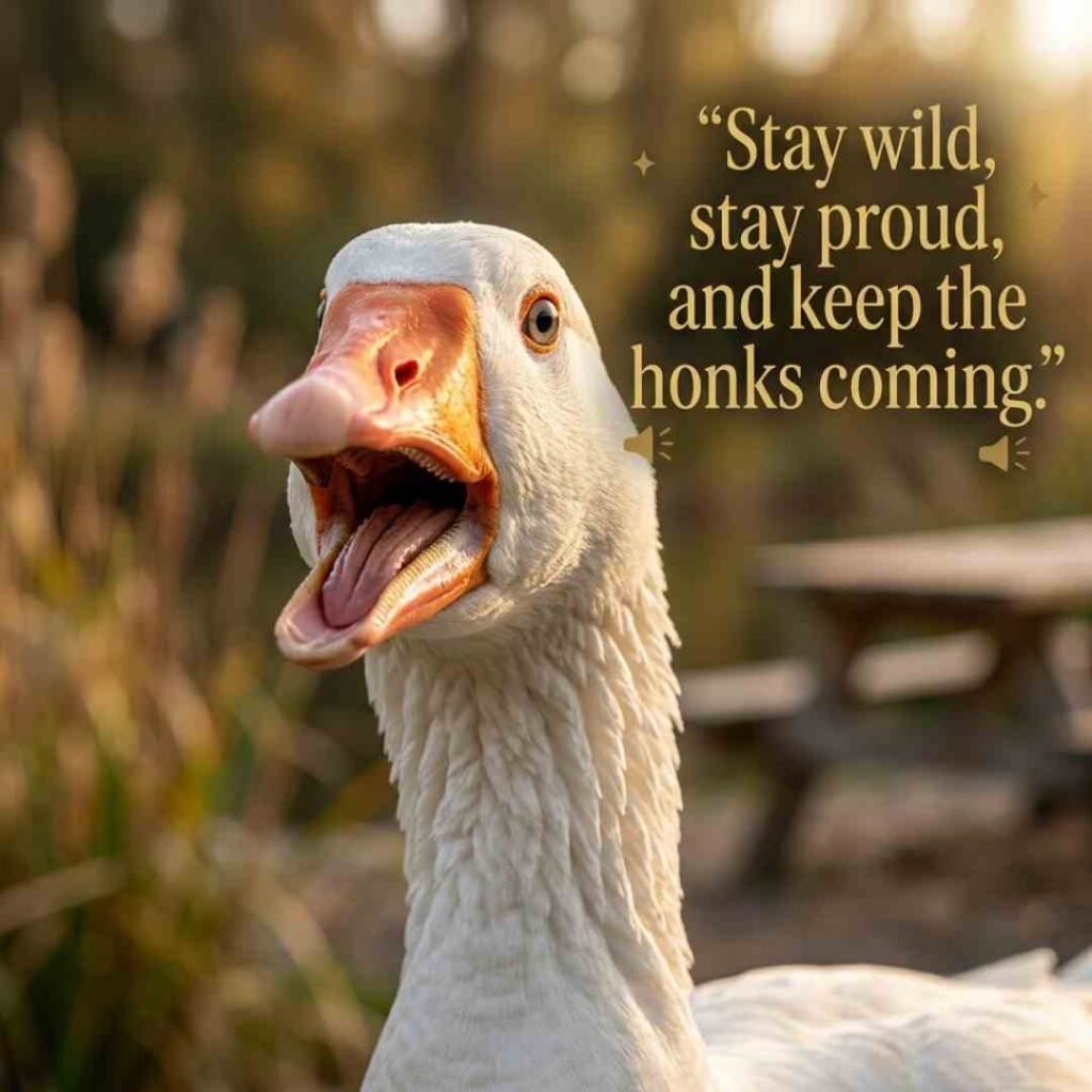 Honk-worthy goose puns image featuring a close-up realistic goose honking proudly with the quote Stay wild stay proud and keep the honks coming, ideal for goose puns, funny captions, quotes, and social media humour.