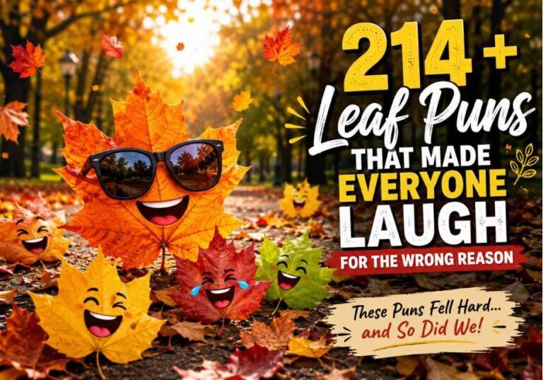 214+ Leaf Puns That Made Everyone Laugh for the Wrong Reason,” showing funny smiling autumn leaves with expressive faces on a sunlit park pathway, colorful falling foliage, cinematic golden-hour lighting, and playful typography highlighting the best Leaf Puns collection.