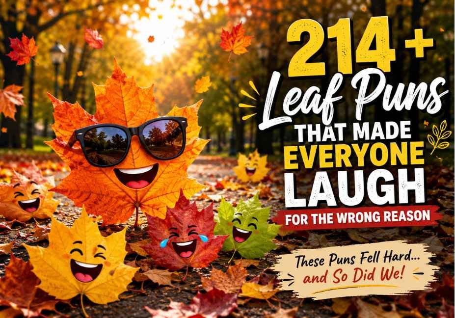 214+ Leaf Puns That Made Everyone Laugh for the Wrong Reason,” showing funny smiling autumn leaves with expressive faces on a sunlit park pathway, colorful falling foliage, cinematic golden-hour lighting, and playful typography highlighting the best Leaf Puns collection.