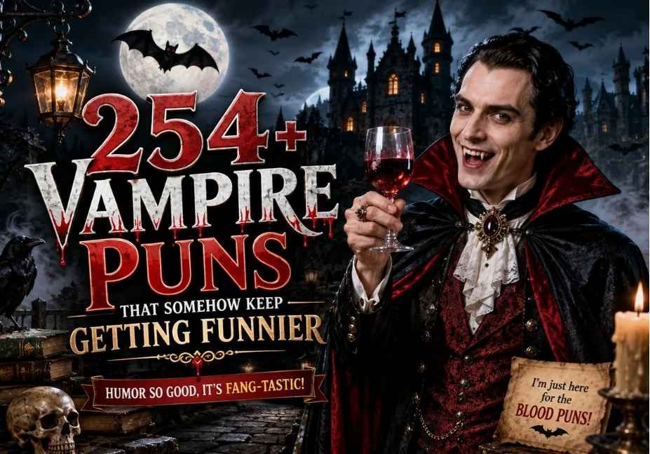 254+ Vampire Puns That Somehow Keep Getting Funnier featuring a realistic smiling vampire in front of a moonlit gothic castle with bats, lanterns, candles, and cinematic night lighting, highlighting funny Vampire Puns, vampire jokes, wordplay, captions, and humorous Halloween-themed content.