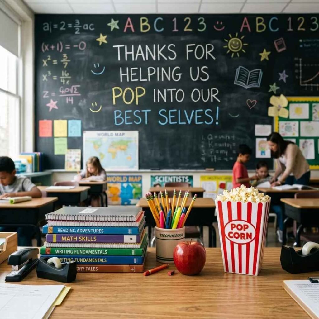 Classroom desk with books, apple, pencils, and a popcorn container beside a chalkboard displaying “Thanks for helping us pop into our best selves,” featuring popcorn puns for teachers, students, and classroom fun.