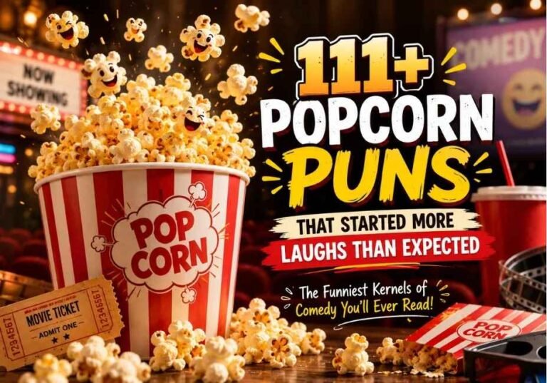Popcorn Puns That Started More Laughs Than Expected featuring a realistic overflowing bucket of buttery popcorn, flying popcorn kernels, movie theater elements, cinematic lighting, and bold typography, designed for readers searching for funny popcorn puns, popcorn jokes, witty captions, social media humour, and entertaining wordplay content.