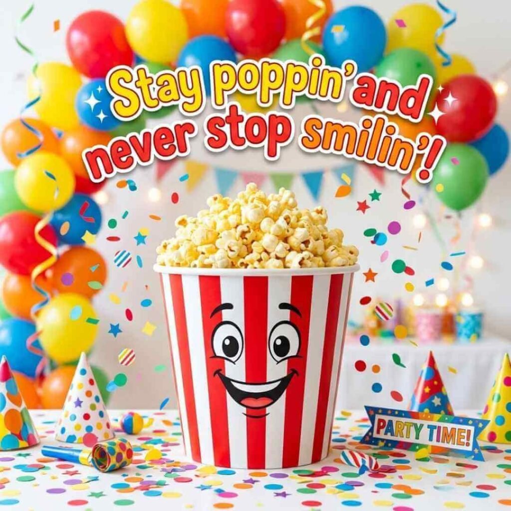 Cheerful popcorn bucket surrounded by colorful balloons and confetti with the quote “Stay poppin' and never stop smilin',” showcasing kid-friendly popcorn puns, short popcorn jokes, and fun family humor.