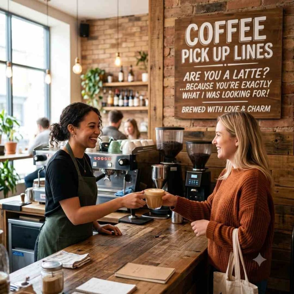 Barista serving latte beside a coffee pick up lines wall sign in cafe