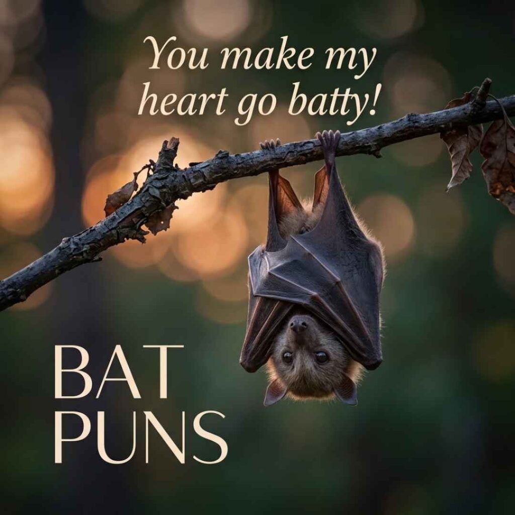 Realistic baby bat portrait with a sweet love-themed quote, soft forest background, and Bat Puns typography designed for cute bat humor content.