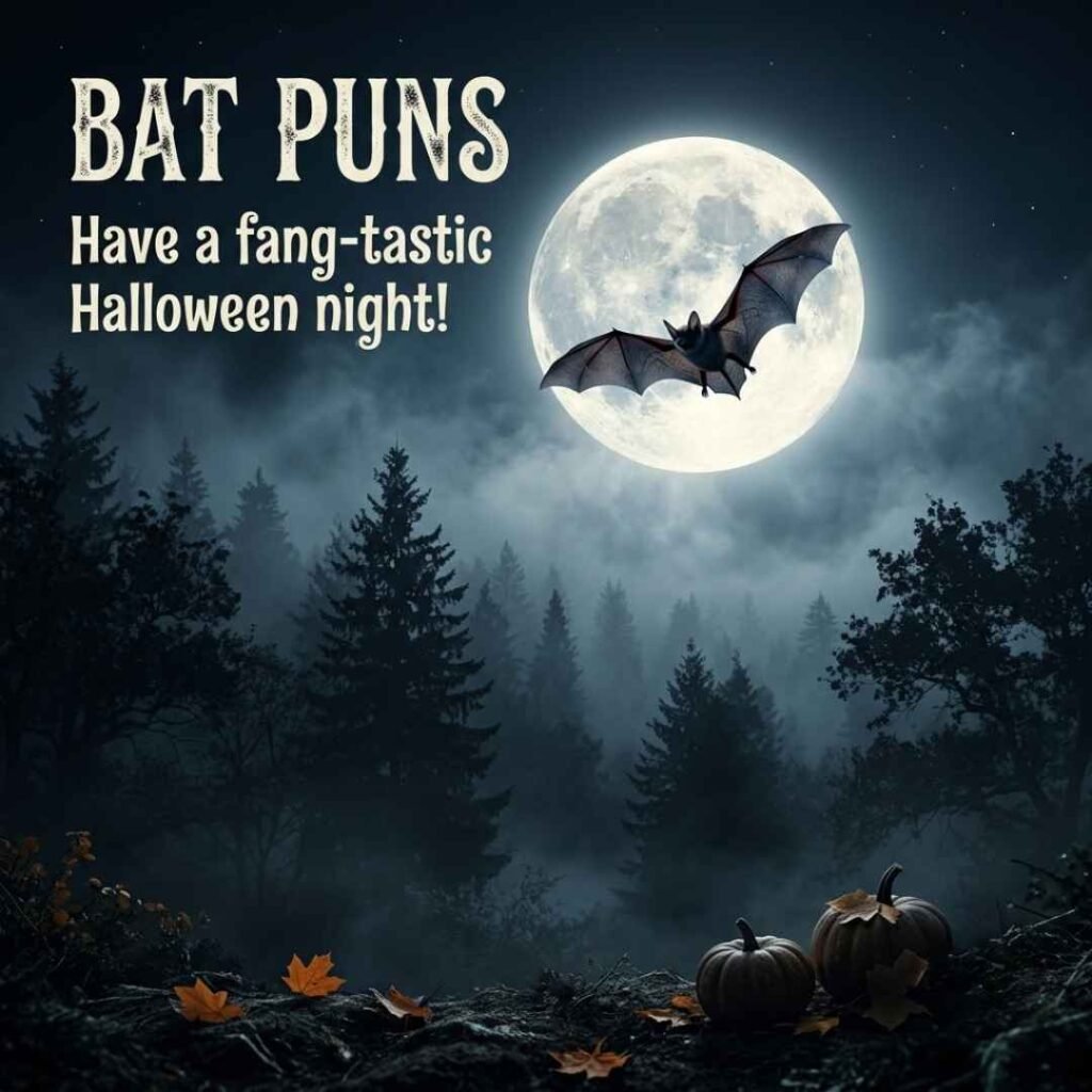 Halloween-themed image with a flying bat, moonlit forest, spooky atmosphere, and a festive quote featuring Bat Puns for seasonal humor and social sharing.