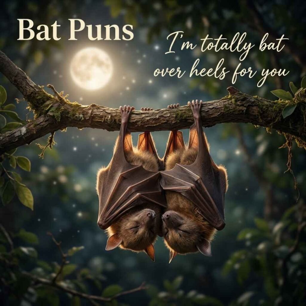 Romantic wildlife photograph of two bats under moonlight with a love-themed quote and Bat Puns keyword integrated into the design.