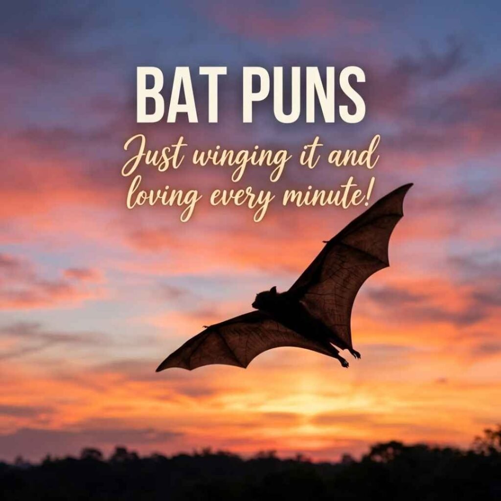 Professional social media image showing a bat in flight against a sunset sky with an inspirational caption and realistic Bat Puns branding for online sharing.