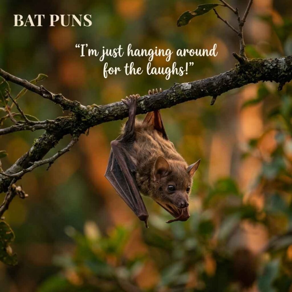 Bat Puns image featuring a realistic bat hanging from a tree branch at sunset with a humorous one-liner quote and professional wildlife photography styling.