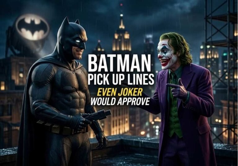Batman and Joker on a Gotham rooftop with the title Batman Pick Up Lines Even Joker Would Approve