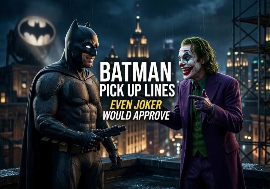 Batman and Joker on a Gotham rooftop with the title Batman Pick Up Lines Even Joker Would Approve