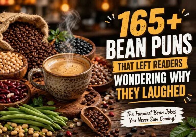 Bean puns featured image with assorted coffee and food beans, a steaming coffee cup, warm lighting, and humorous bean-themed wordplay.