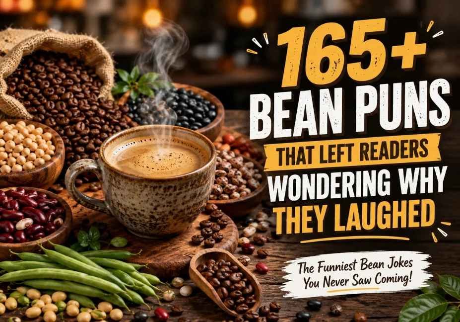 Bean puns featured image with assorted coffee and food beans, a steaming coffee cup, warm lighting, and humorous bean-themed wordplay.