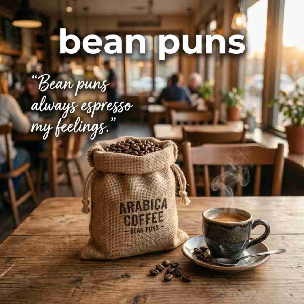 Professional coffee-themed image with bean puns text, featuring an espresso cup and coffee beans alongside a humorous one-liner quote.