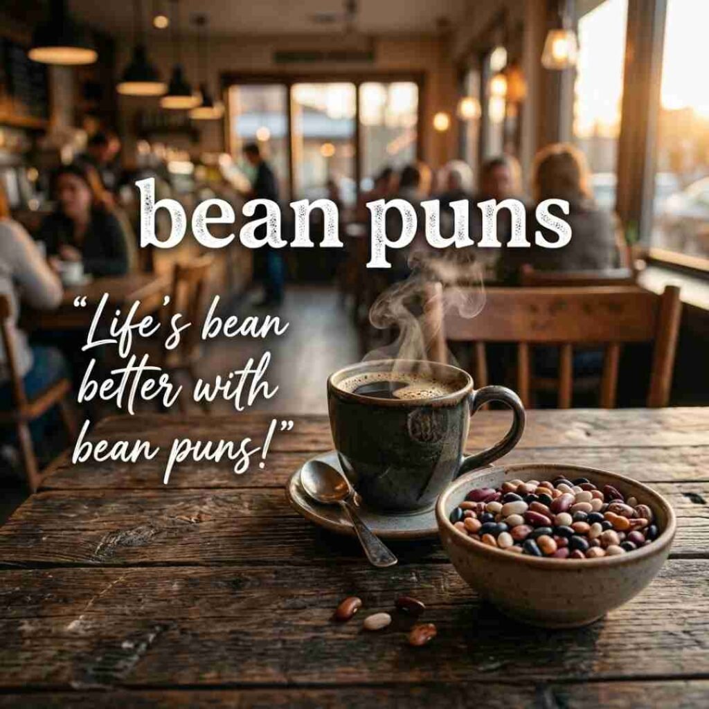 Funny bean puns caption image featuring a rustic coffee mug and assorted beans on a wooden table with warm lighting and the phrase “Life’s bean better with bean puns.”