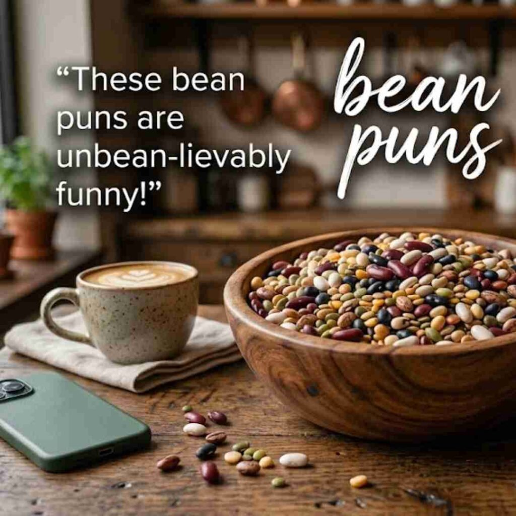 Bean puns image featuring colourful beans in a rustic bowl with a humorous wordplay quote and cinematic kitchen lighting.