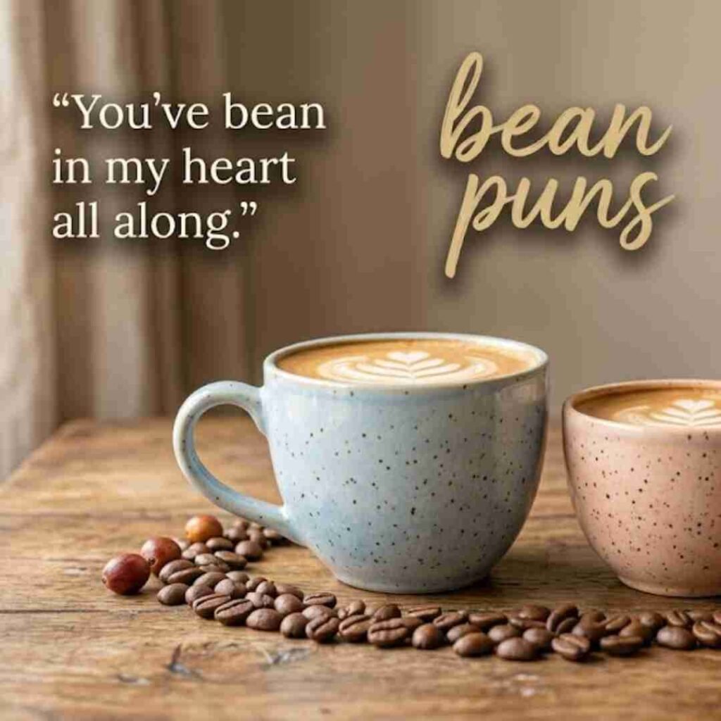 Cute bean puns image showing two coffee cups and coffee beans with a sweet heartwarming message perfect for social sharing.